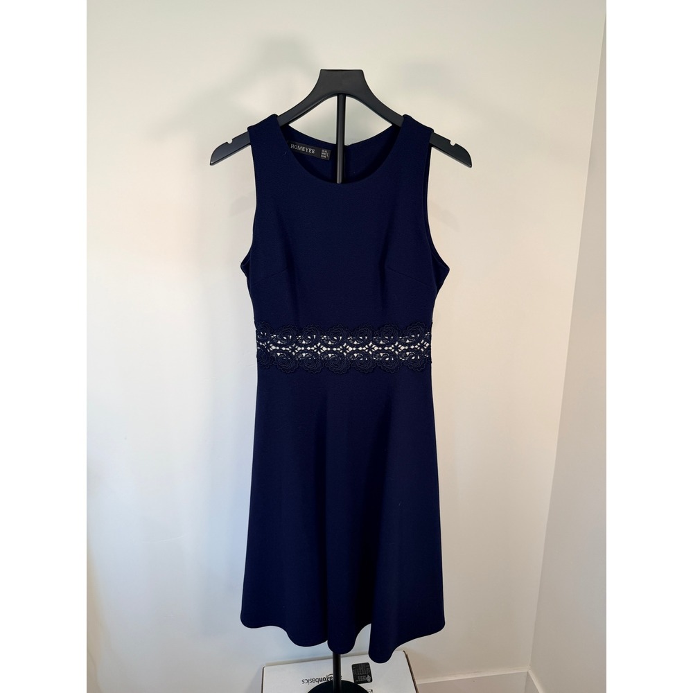 Homeyee Navy Blue Crochet Lace Waist Sleeveless Fit and Flare Cocktail Dress L